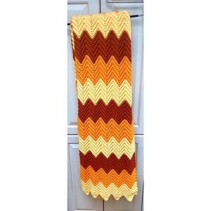 Vintage Handmade Crochet Chevron Blanket Throw Cozy Warm Boho 70s Colors